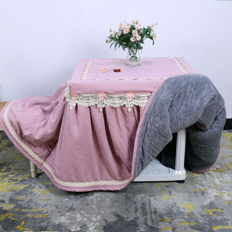 2022新款烤火桌子罩粉色蕾丝花边烤火罩正方形烤火被加绒夹棉