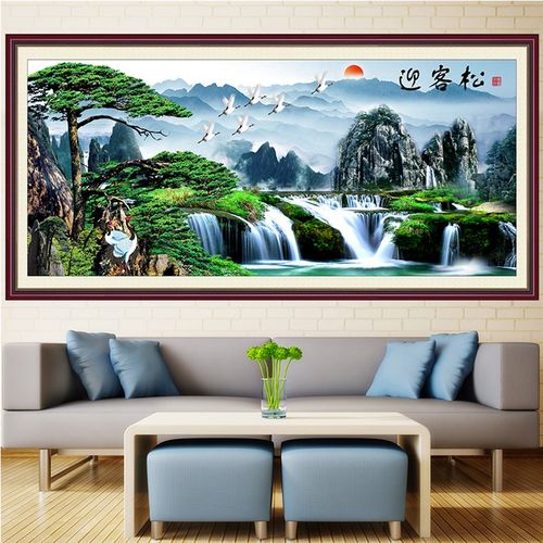 迎客松自粘油画布壁画客厅饰画房间沙发山水靠山图松鹤延年