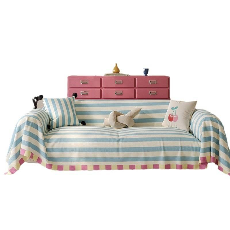 家用百搭客厅沙发巾全包全盖式防尘沙发套罩简约条纹多巴胺盖布巾