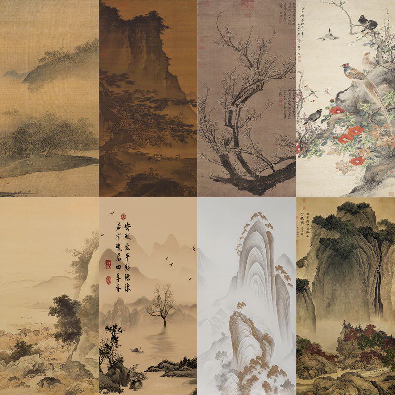 新古典竖宋式美学中古风背景墙画图库墙布壁画墙纸壁纸