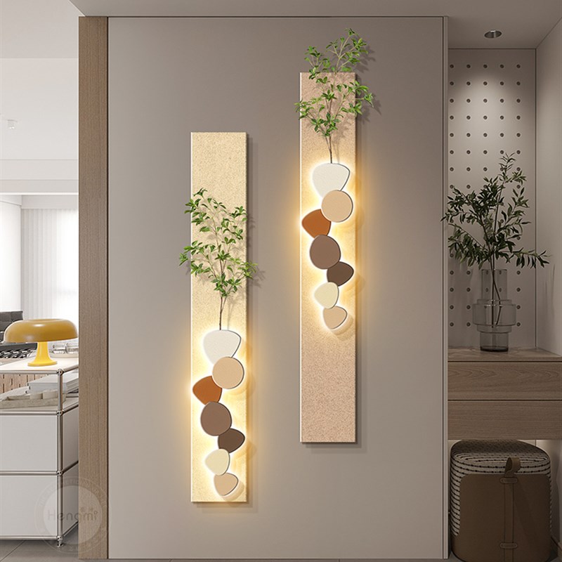 入户玄关装饰画立体砂岩画仿真绿植客厅长条led灯画走廊过道挂画