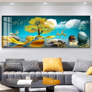 挂画客厅沙发背景墙装饰画温馨家庭山水有框油布晶瓷鹿画卧室壁画