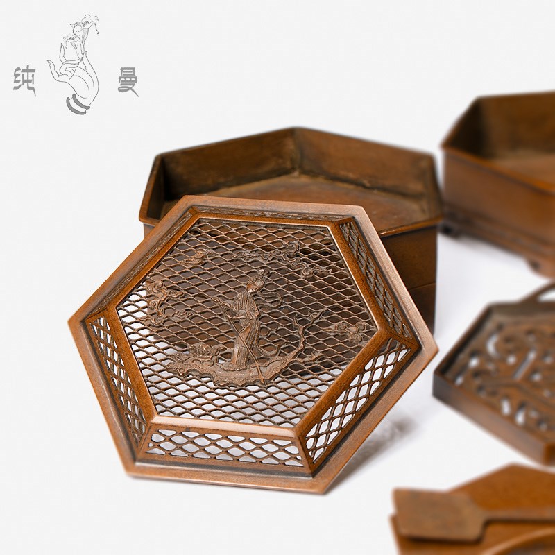 庆松堂苏工铜炉名家胡庆松制六角仕女香薰复古紫铜打香篆熏香篆香