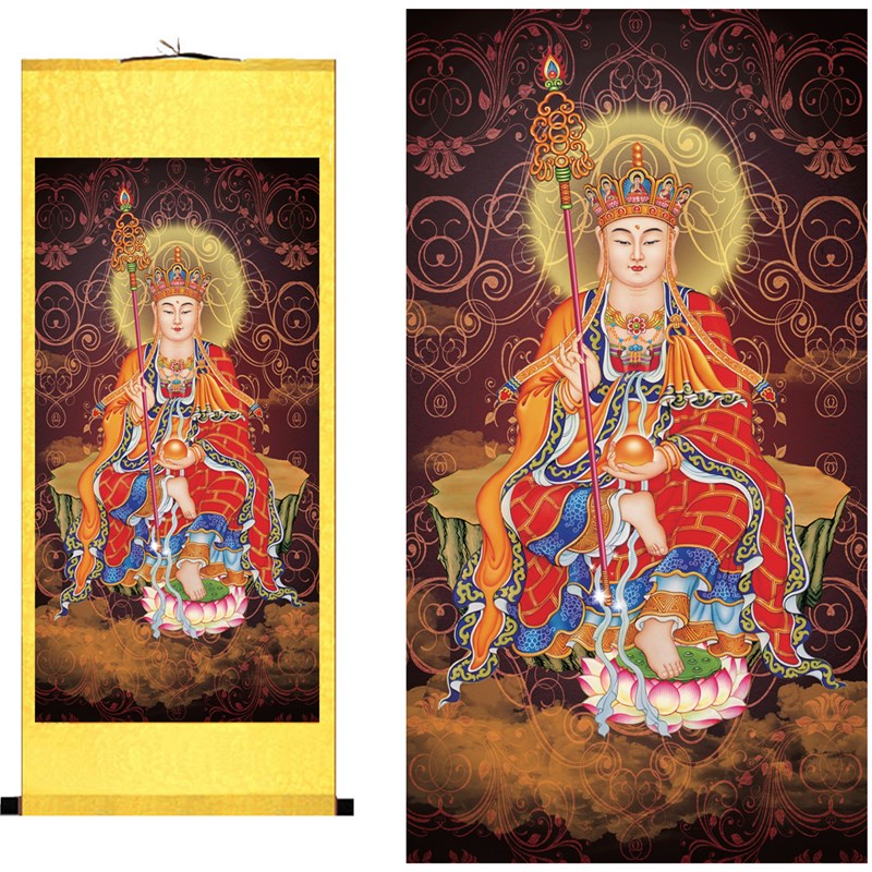 高清地藏王菩萨画像 莲花庄严坐像 佛堂家用供奉卷轴装裱装饰挂画