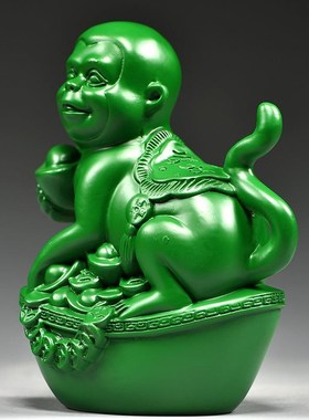 绿色木雕猴子三合十二生肖猴木头猴家居办公室动物工艺品送礼
