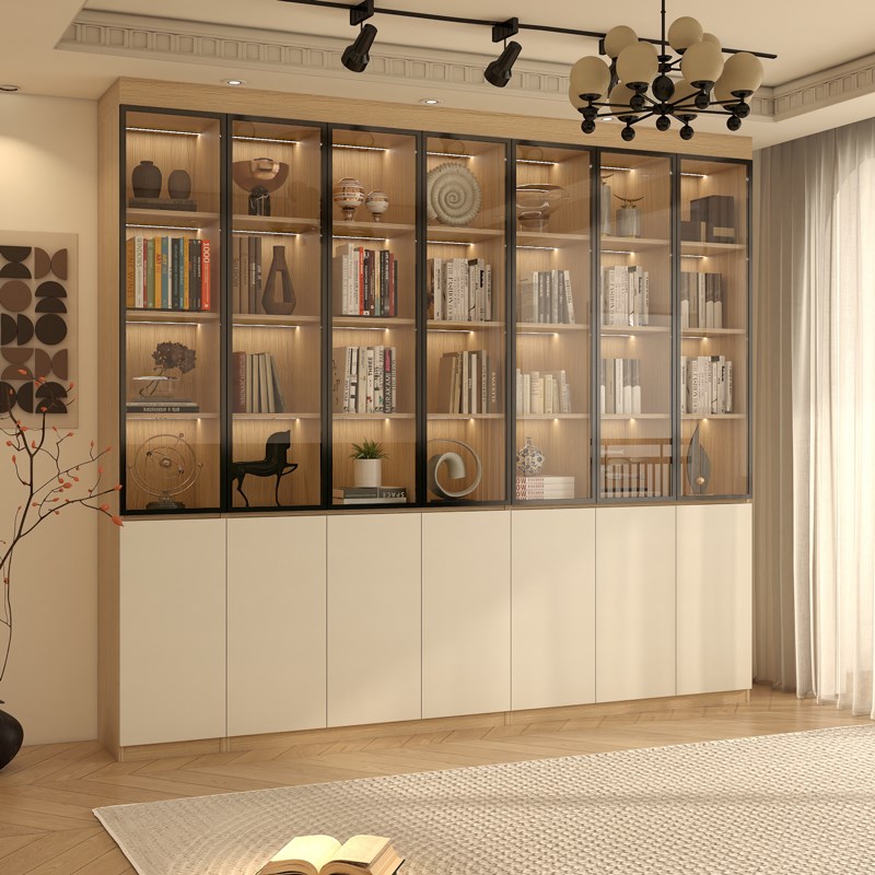 满墙书柜一体整墙实木书橱客厅沙发后面置物柜靠墙书架带门展示柜