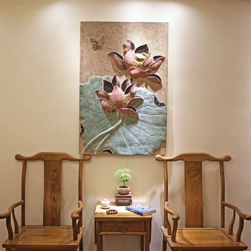 中式复古家居装饰工艺品浅浮雕荷花壁饰玄关画背景墙挂件映日荷香图片