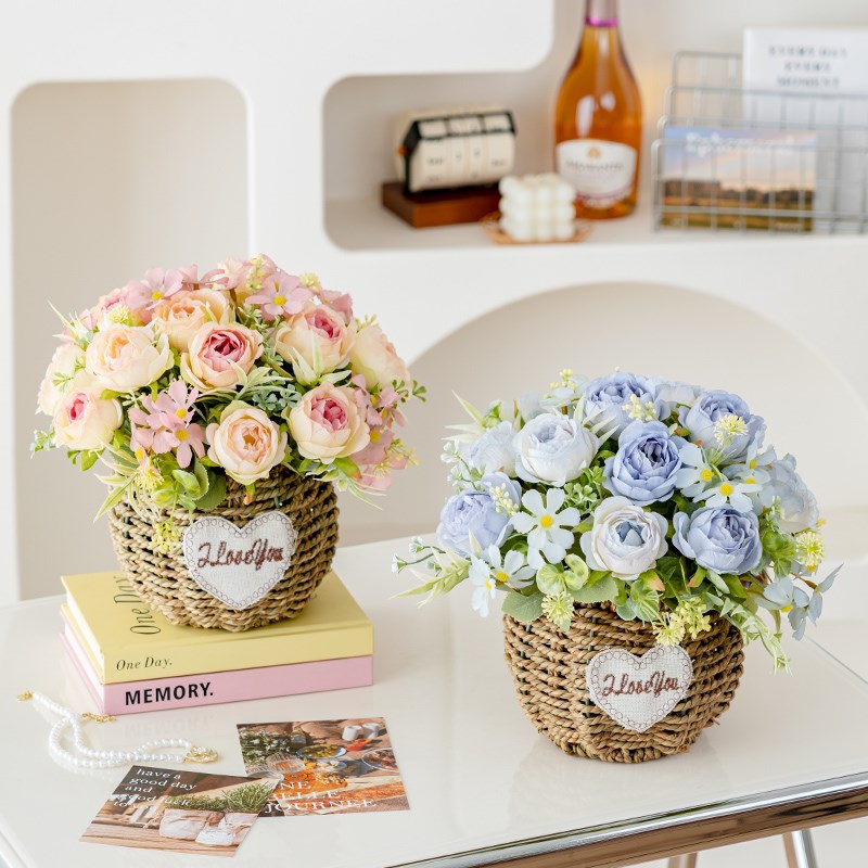 假花仿真花摆设客厅草编花篮花束仿生花仿真郁金香花艺插花摆件