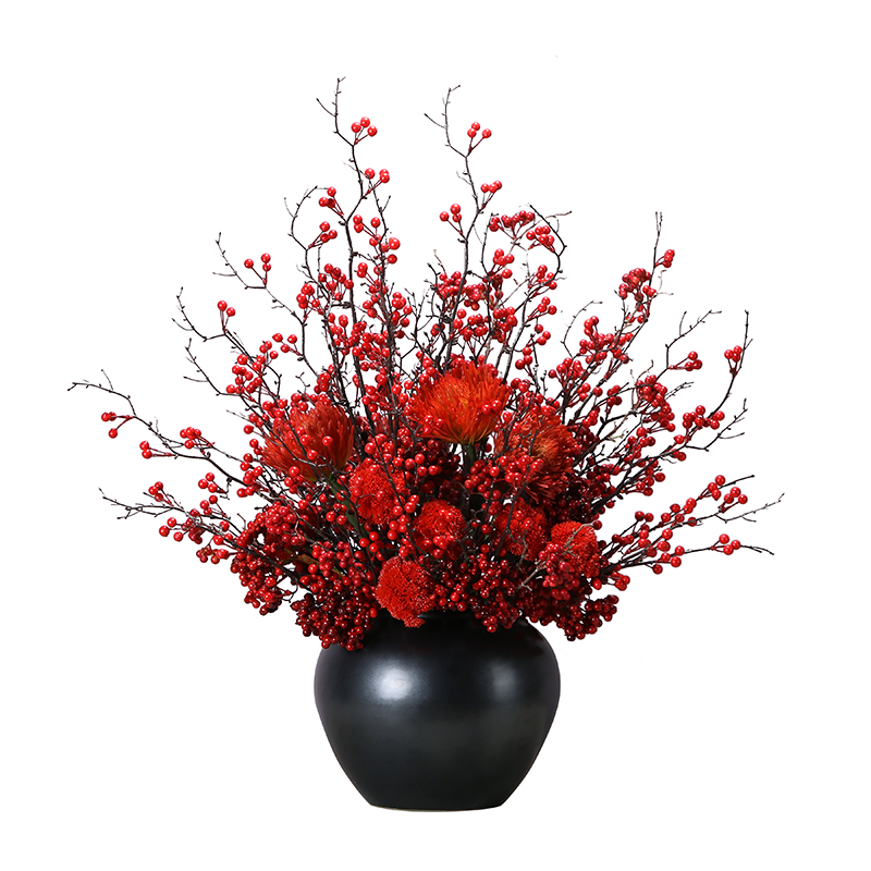 中式仿真红色果子野浆果整体花艺喜庆婚庆新居玄关大厅售楼处摆件