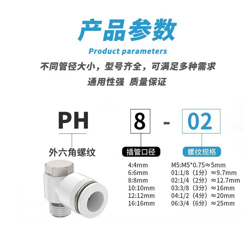 90度直角PcH外六角弯通气动快插接头PH4 6 8 10 12-M5/01/02/03/0