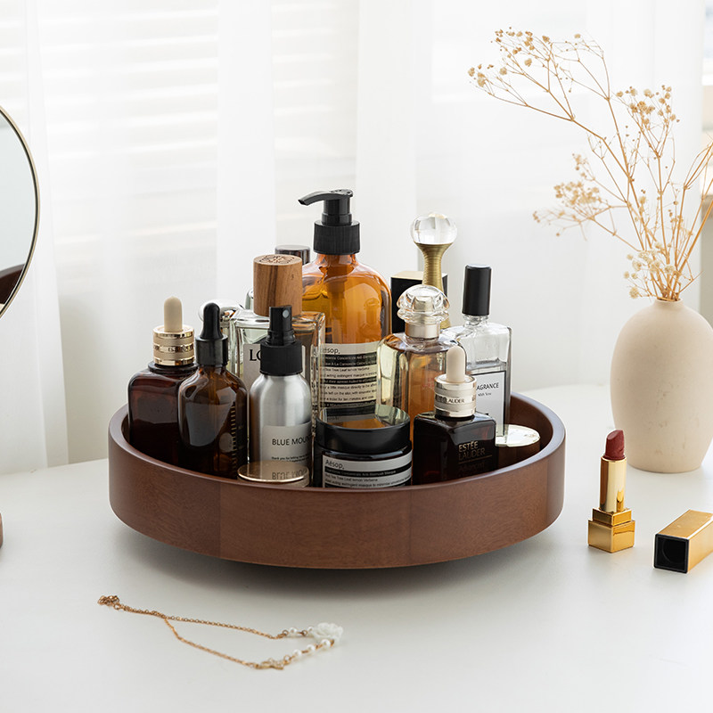 实木化妆品收纳盒旋转实木桌面y化妆台护肤品置物架箱香水口红托