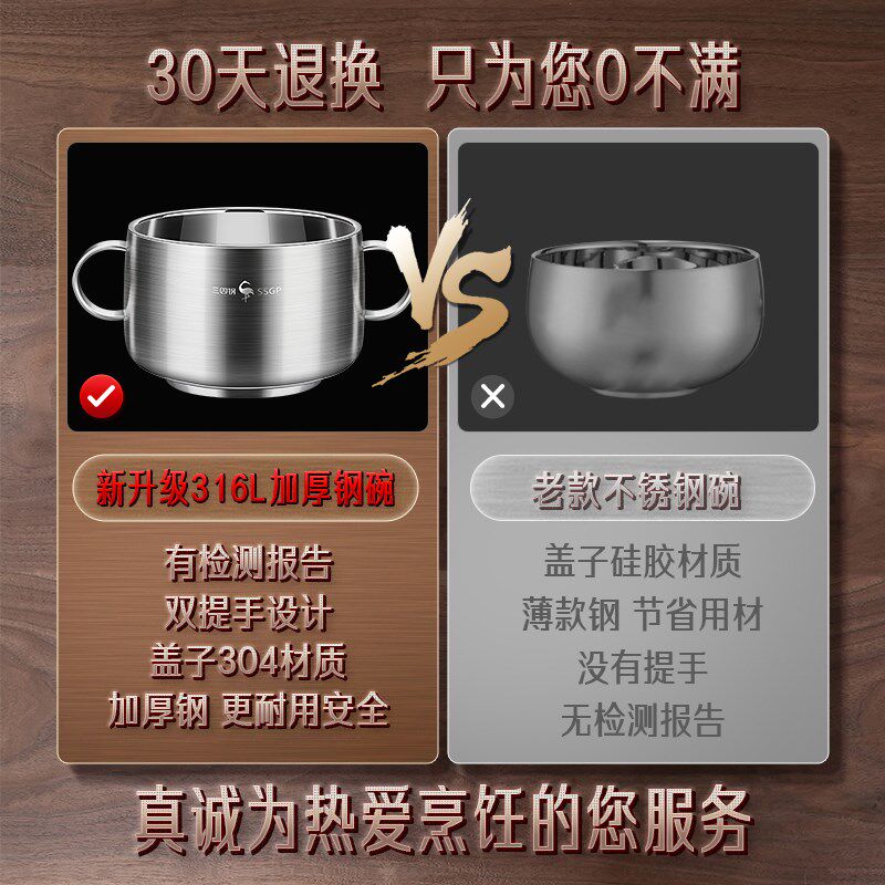 三四钢316L不锈钢碗小学生饭盒汤碗带手柄带盖S食品级儿童专用饭