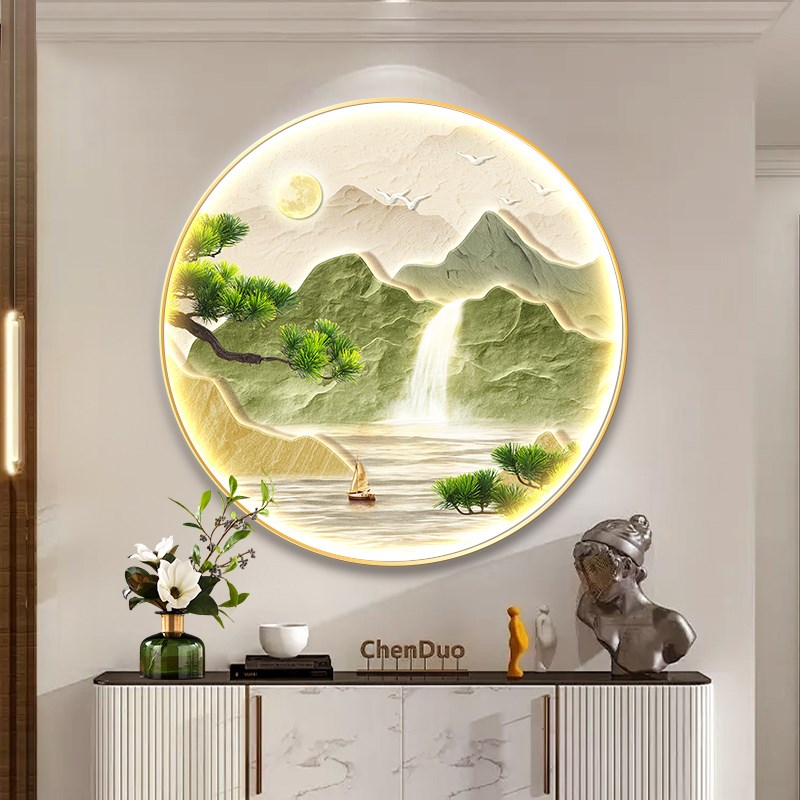 流水生财入户玄关走廊装饰画w轻奢带灯山水画客厅挂画圆形餐厅壁图片