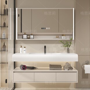 奶油风圆弧一体盆浴室柜现代洗漱台洗手池洗脸盆