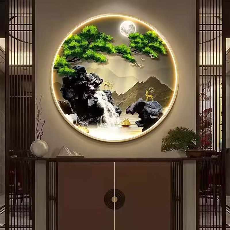 流水生财玄关装饰画高级感灯画大气山水画客厅挂画V寓意好圆形壁图片