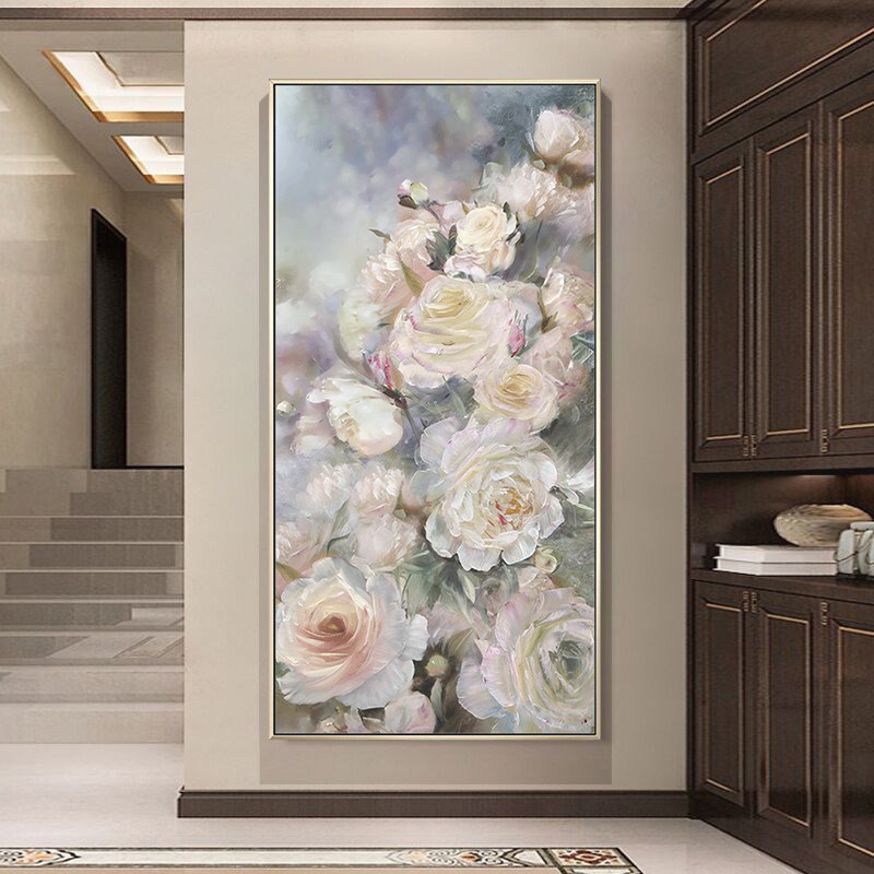 玄关装饰画油画客厅挂画沙发背景墙走廊过道牡丹花卉手绘竖版简约图片