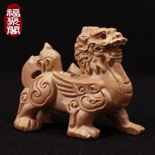 桃木貔貅手工雕刻手把件汽车文玩木雕实木一对无漆客厅工艺品