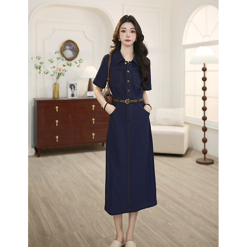百家好女装气质通勤蓝色仿牛仔连衣裙2026夏季新款高级感显瘦长裙