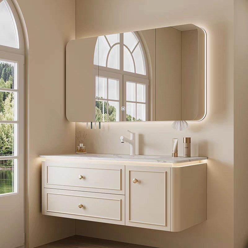 法式复古现代奶油风橡木浴室柜岩板陶瓷一体盆洗脸手盆