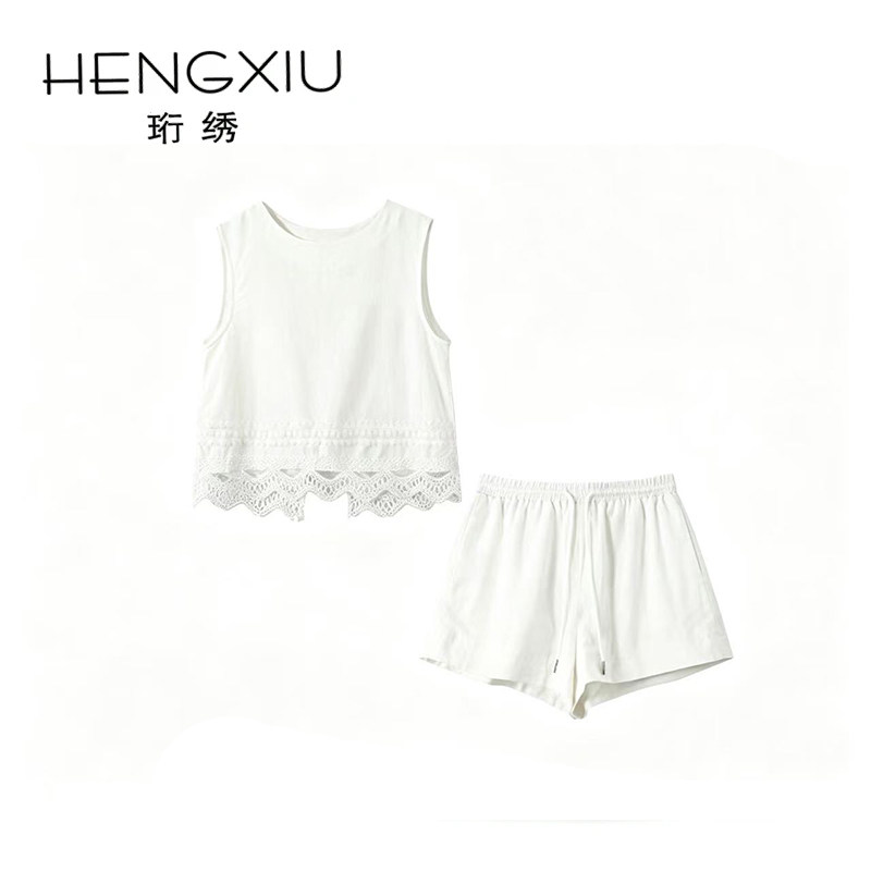 【金金宠粉】“夏季凉爽”蕾丝下摆无袖上衣搭配短裤套装89829