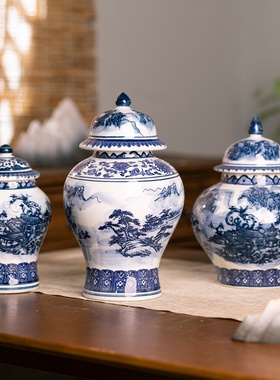 景德镇中式青花瓷陶瓷花瓶摆件山水画陶瓷花瓶家居装饰品不带密封