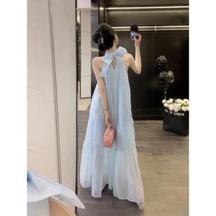 2025蓝色蝴蝶结挂脖吊带连衣裙夏长裙海边度假裙子