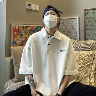 男夏季 t恤衣服ins设计潮牌潮流美式 纽扣polo衫 短袖 复古半袖 体桖衫