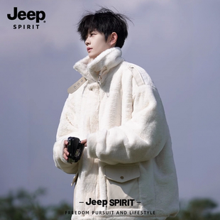 Jeep吉普羊羔绒翻领外套男士冬季新款加绒棉服仿兔毛摇粒绒棉衣服