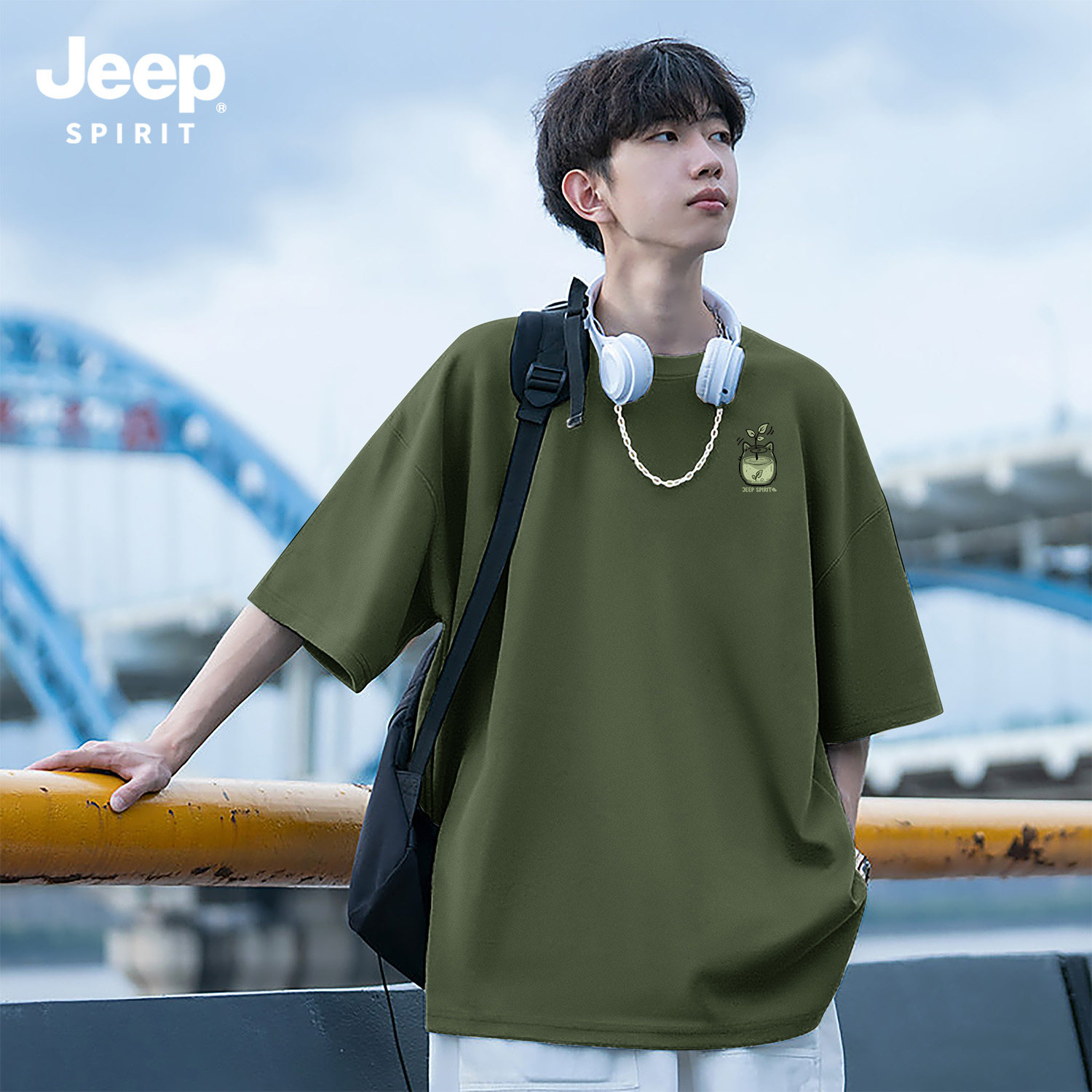 Jeep吉普绿色小清新短袖t恤男款2026新款纯棉宽松大码男装慵懒风