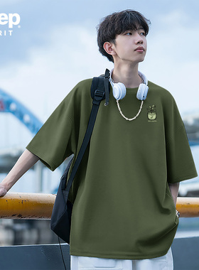 Jeep吉普绿色小清新短袖t恤男款2026新款纯棉宽松大码男装慵懒风