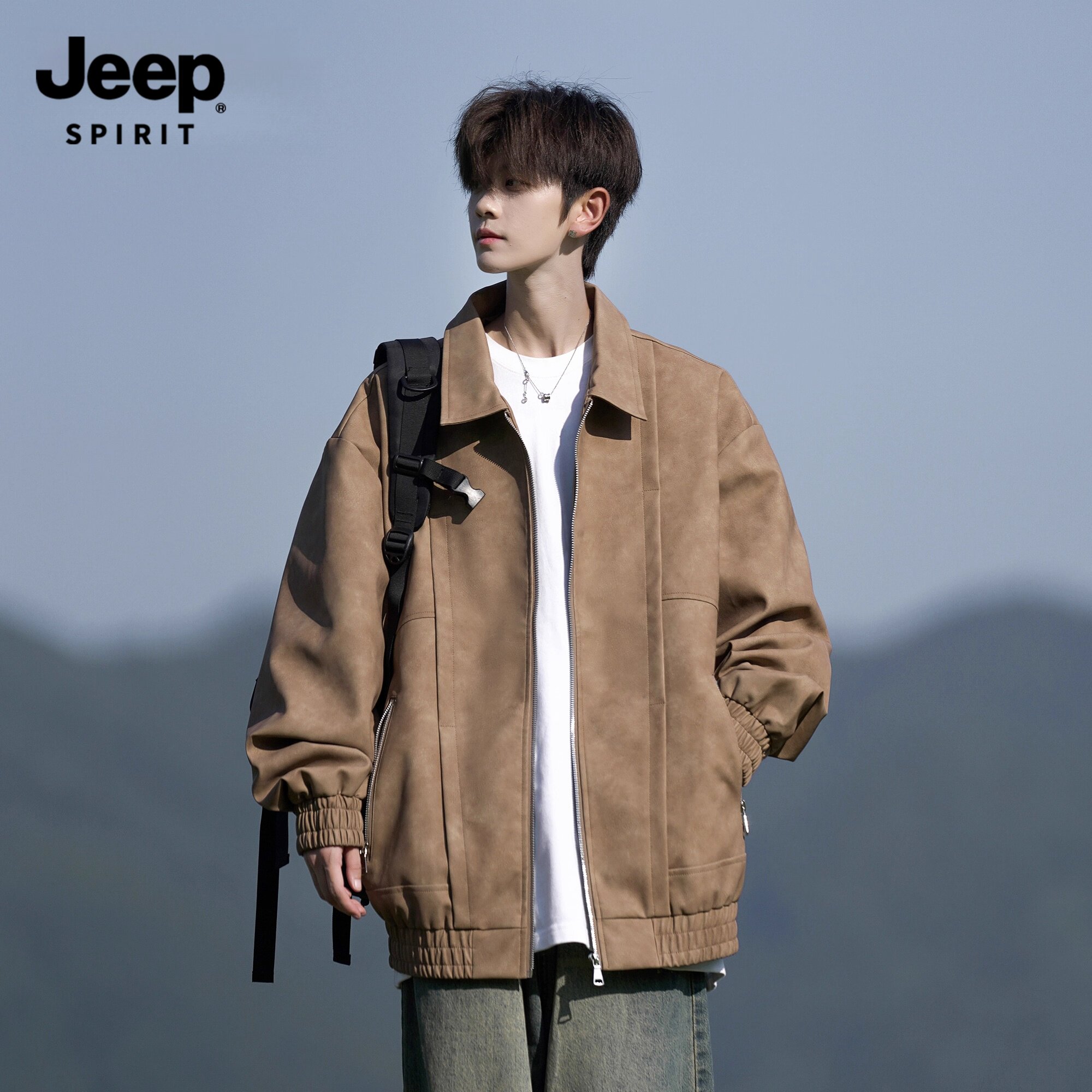 Jeep吉普美式复古翻领皮夹克男春秋高级感潮牌大码宽松秋季皮衣男