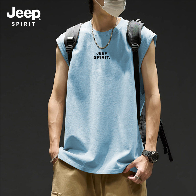 Jeep吉普冰川蓝美式背心男款运动坎肩2026夏季打底纯棉无袖男t恤