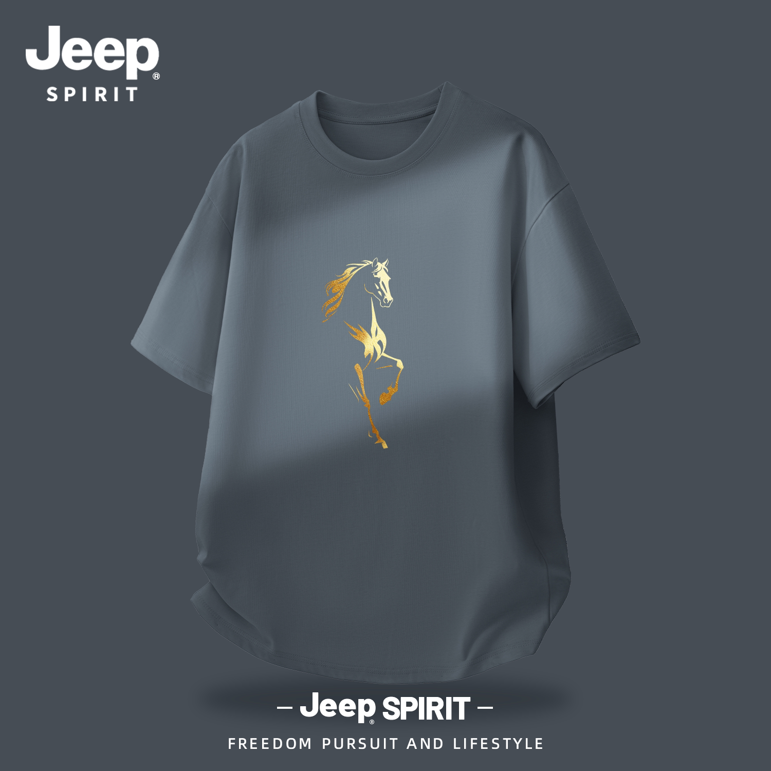 Jeep吉普铁灰高级感金箔马纯棉t恤短袖男2026春季新年款半袖慵懒