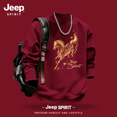 Jeep吉普酒红色马年印花圆领卫衣