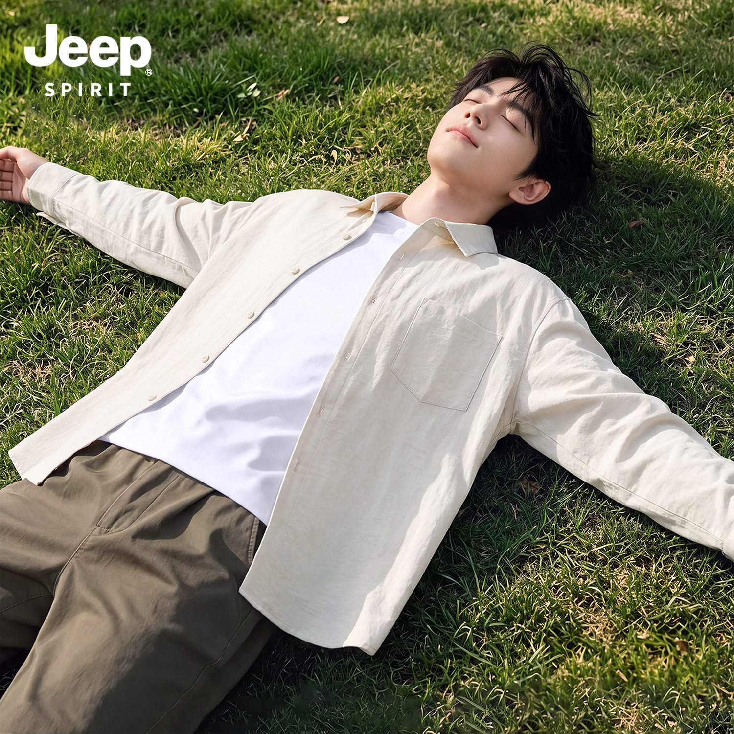 Jeep吉普衬衫男款秋翻领砂洗衬衣