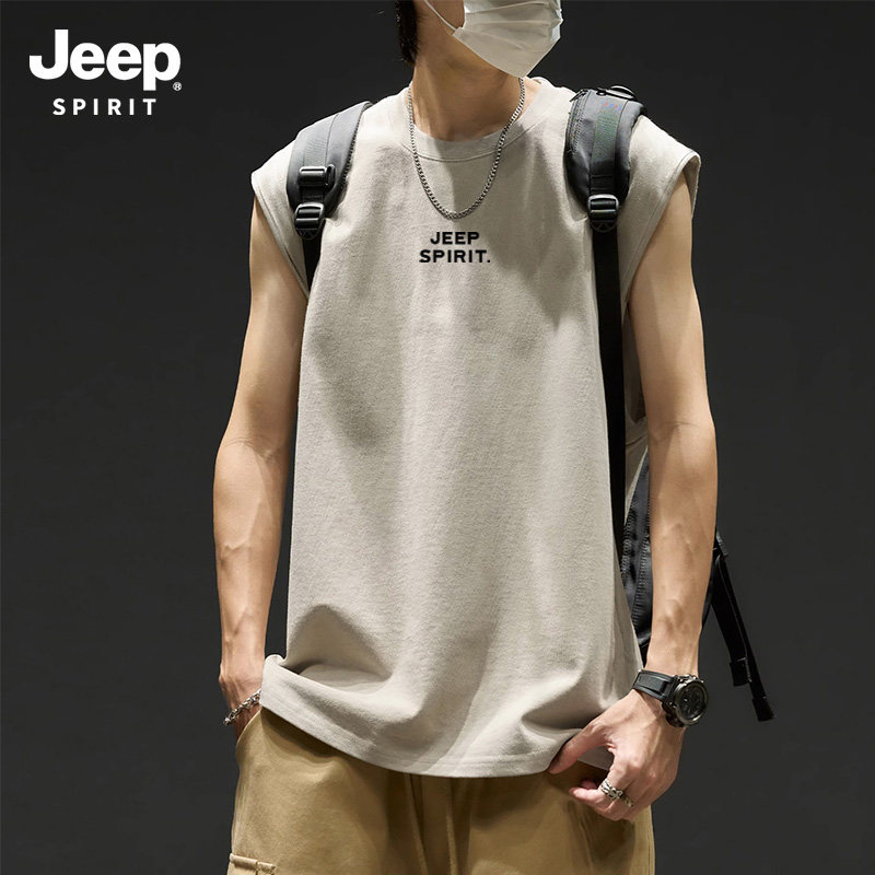 Jeep吉普标美式背心男生印花运动坎肩宽松男2026夏季纯棉无袖t恤