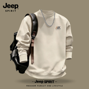 Jeep吉普新款奶茶色圆领卫衣男款2026春季加绒加厚长袖打底衫男装