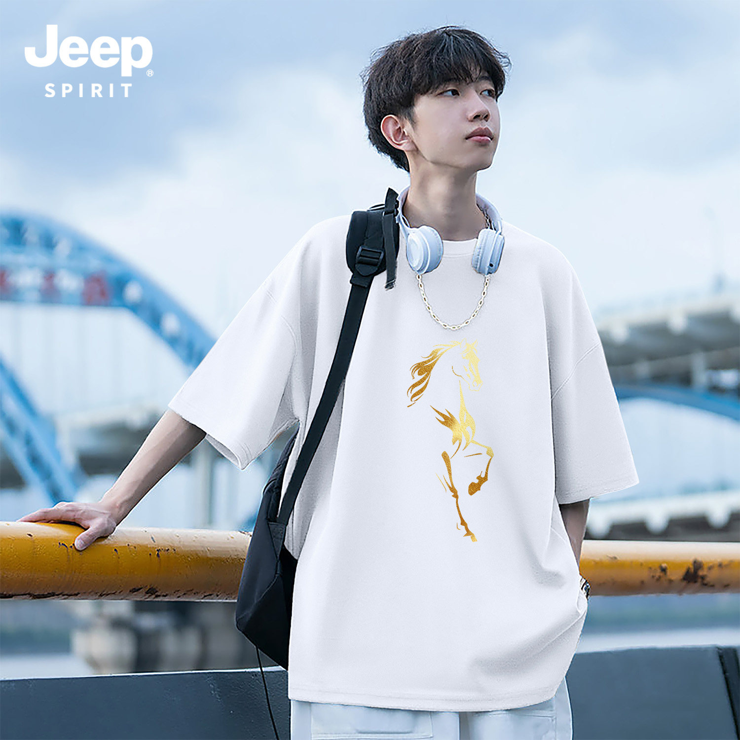 Jeep吉普白色纯棉t恤短袖男款2026新款春季金箔马宽松百搭打底衫