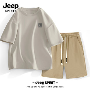 Jeep吉普运动套装男士夏季新款休闲短袖短裤两件套宽松运动服男装