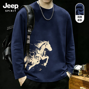 Jeep吉普马年新款藏青长袖T恤男2026春季宽松纯棉透气男士打底衫