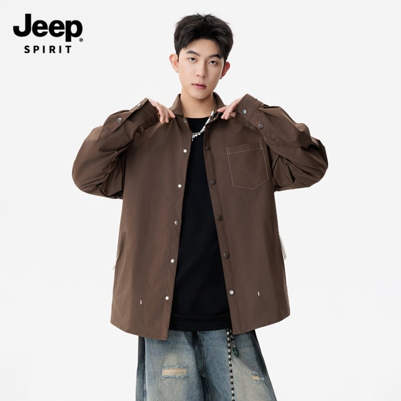 Jeep吉普美式复古长袖衬衫日系男款2026秋季大码棕色痞帅工装衬衫