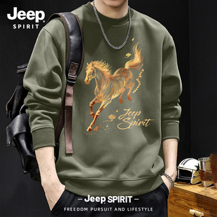 上衣大码 长袖 衣服男 春季 Jeep吉普国潮马年限定圆领卫衣男2026新款
