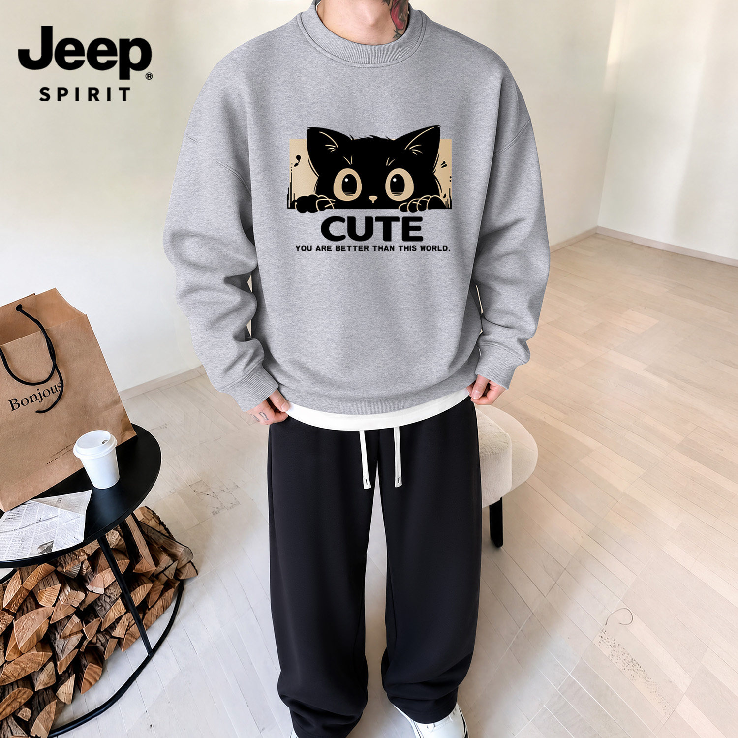 Jeep吉普休闲运动套装男猫咪印花