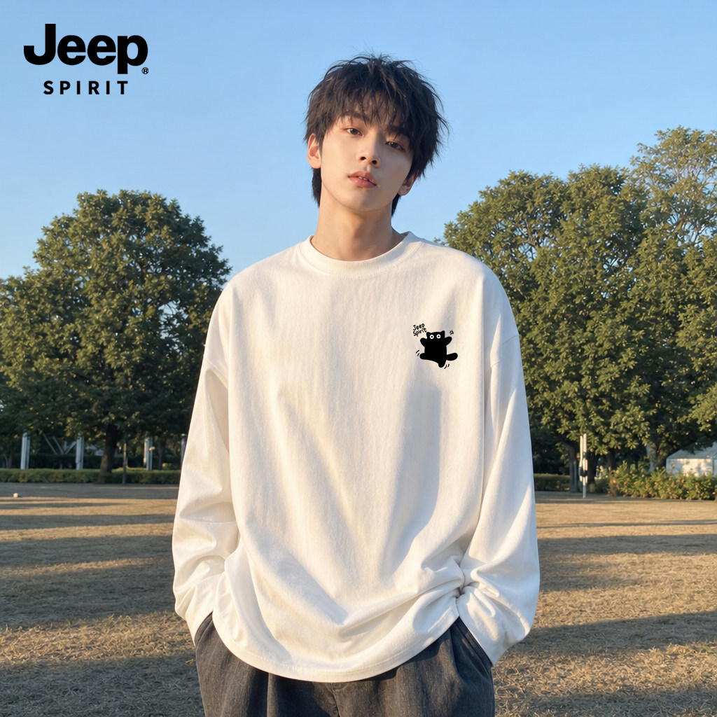 Jeep吉普趣味猫咪纯棉长袖t恤男