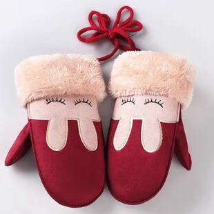 可爱卡通儿童手套户外运动加厚加绒保暖玩雪防寒秋冬连指挂脖手套