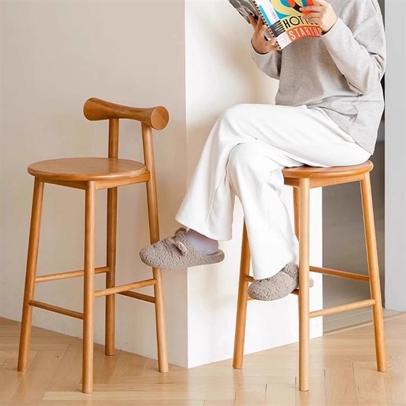 北欧日式实木吧台椅餐椅家用中岛台靠背酒吧收银前台蝴蝶高脚凳子