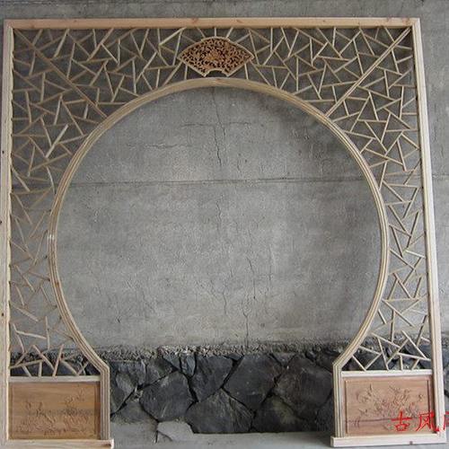 仿古木雕 月洞门 电视背景墙定制中式实木花格门窗 隔断屏风玄关