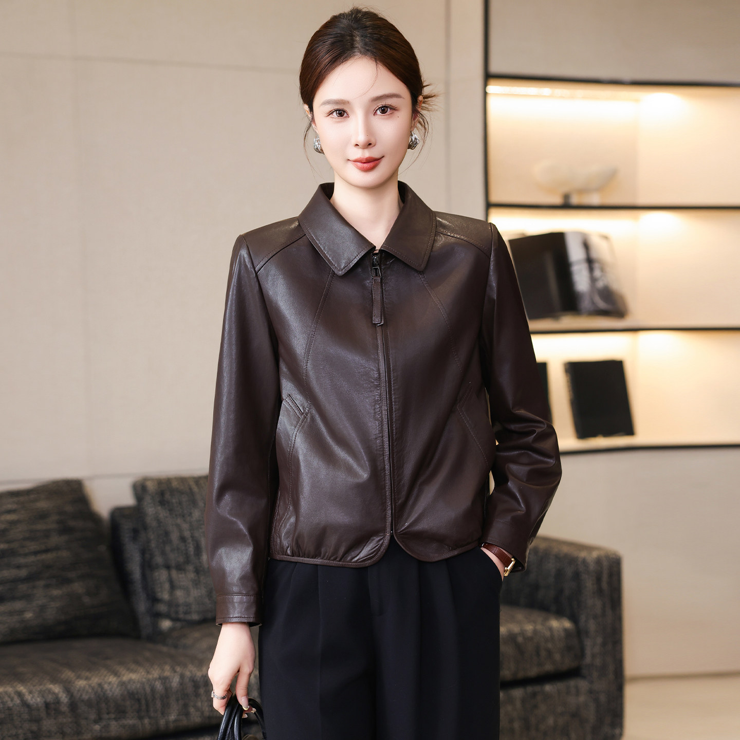 海宁真皮皮衣女短款翻领外套小个子高级感休闲风长袖夹克上衣