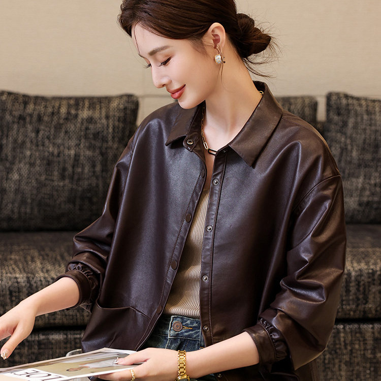 2025新款真皮皮衣女短款绵羊皮夹克外套休闲百搭时尚衬衫领皮衣