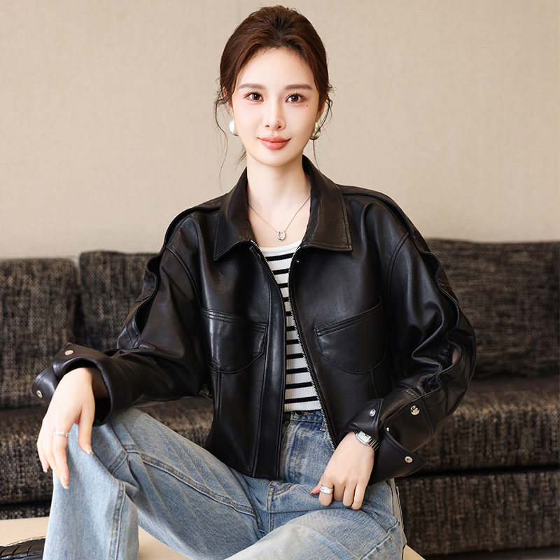 海宁2025春秋新款真皮皮衣女短款翻领皮夹克高级感皮衣外套小个子